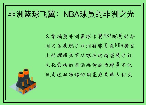 非洲篮球飞翼：NBA球员的非洲之光