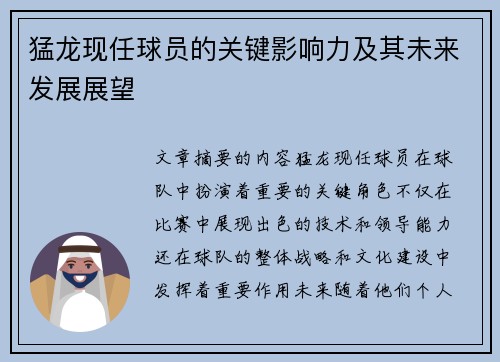 猛龙现任球员的关键影响力及其未来发展展望